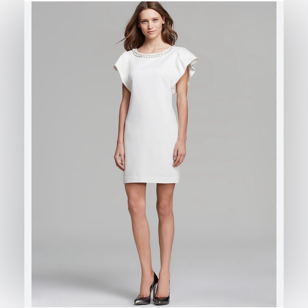 Trina Turk Flutter Sleeve Dress with Beaded Neckline in White size 2